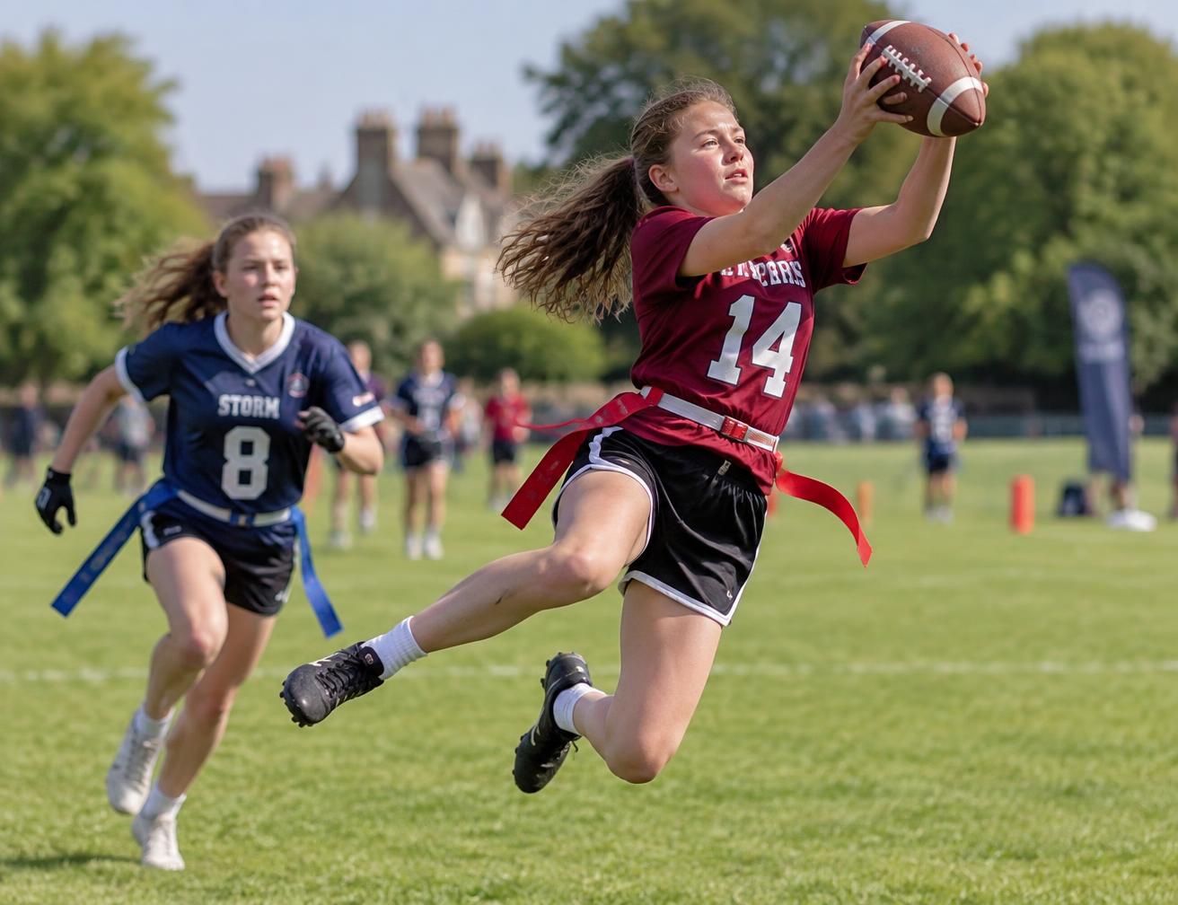 A girl leaping to catch an American football during a flag football game