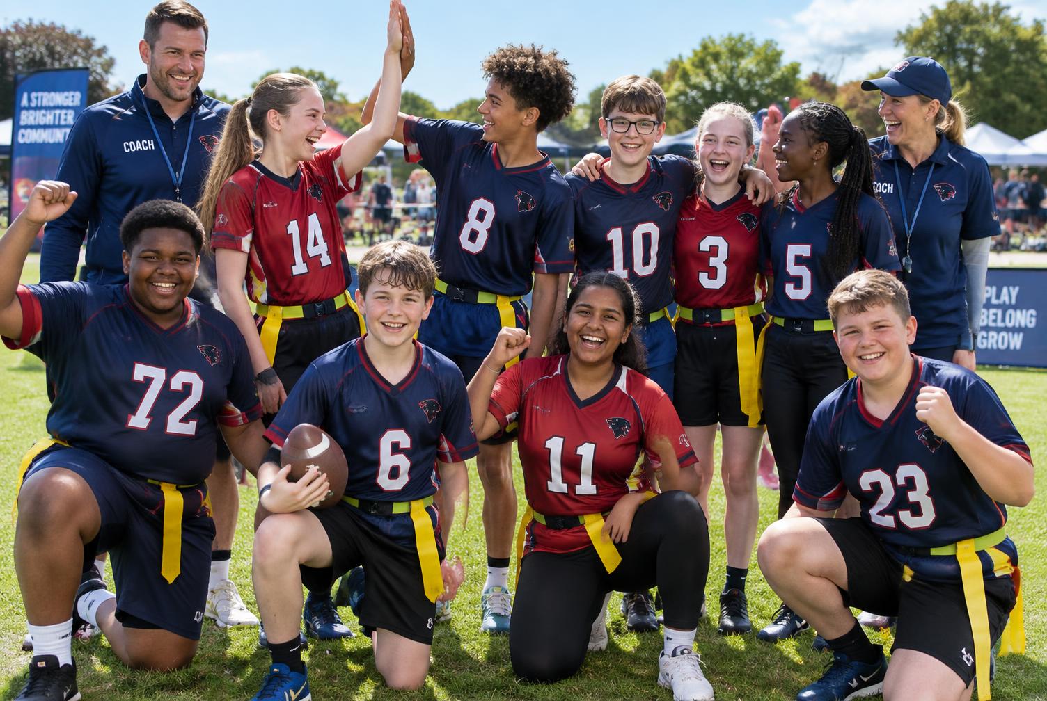 A mixed team of local children and two volunteer coaches celebrating together